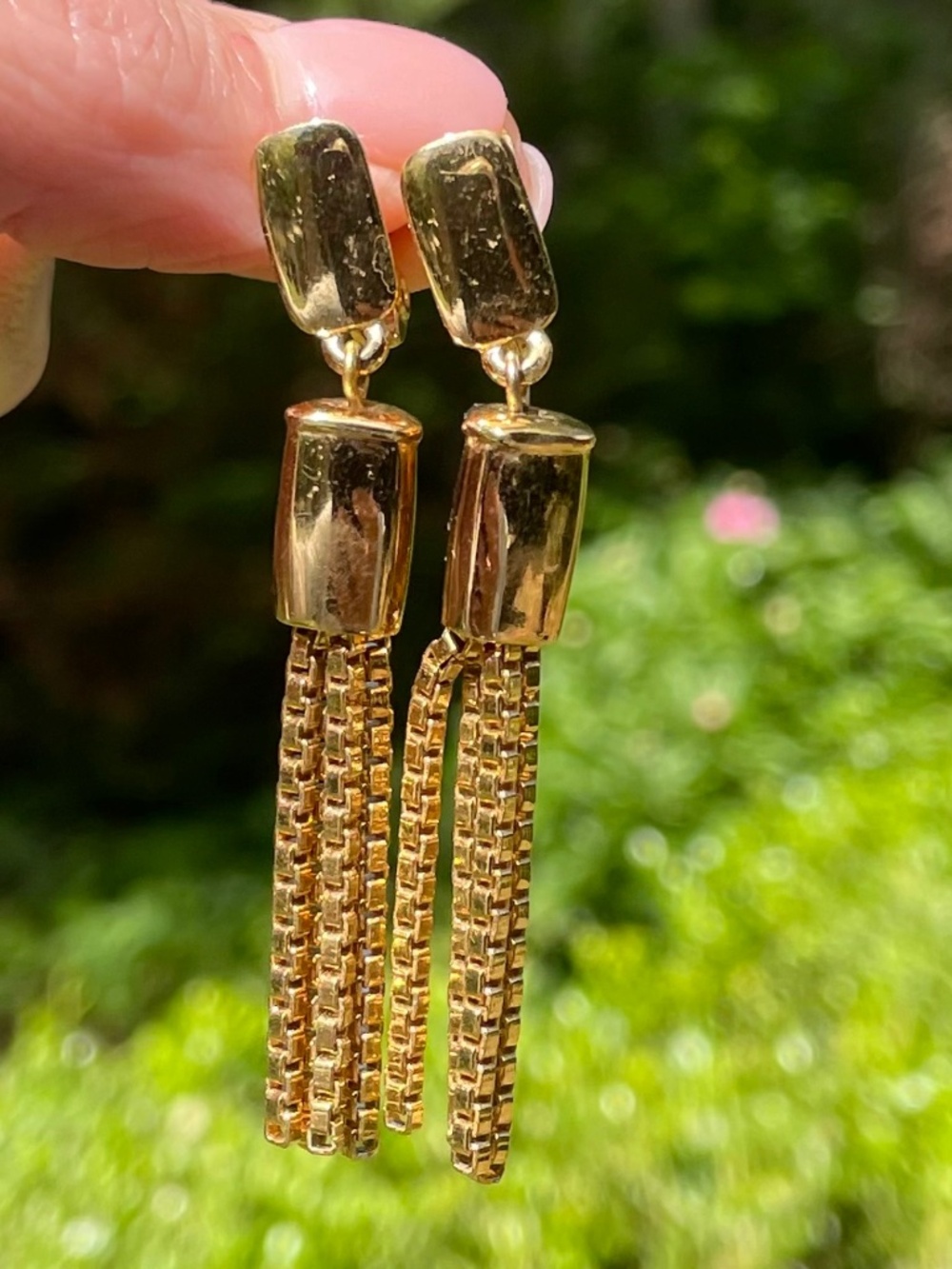Vintage Monet Signed Clip Earrings with Box Chain and Fringe Tassel in Gold-tone